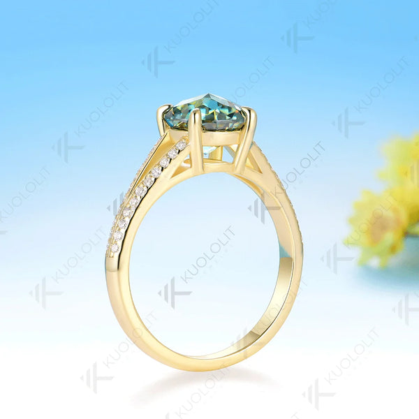 Kuololit 2CT Jubilee Cut Cyan Round Moissanite Ring for Women Solid 14K 10K 925 Sliver Yellow Gold Engagement Ring for Christmas