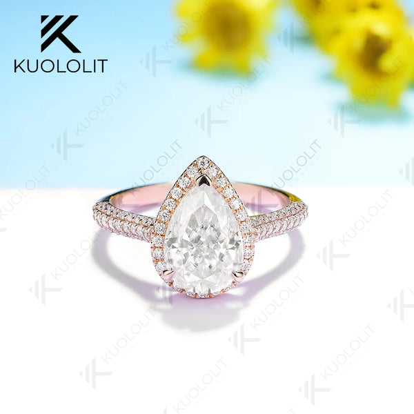 Kuololit 2CT Crushied Ice Cut Pear Moissanite Ring for Women Solid 14K 10K 585 Yellow Gold Halo for Engagement Wedding Christmas