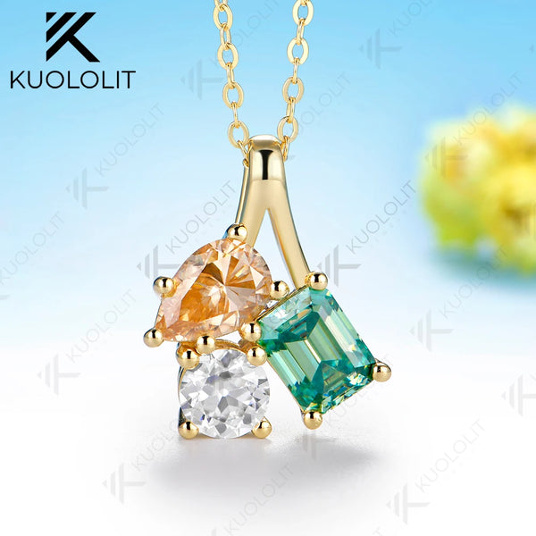 Kuololit 4.3CT Champagne Cyan White Moissantie Custom Necklace for Women Solid 14K 10K 585 Yellow Gold for Christmas Gifts Party