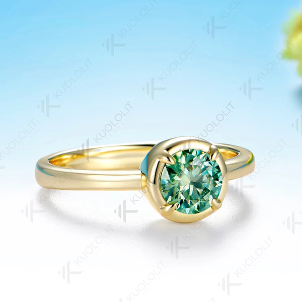 Kuololit 0.8CT Cyan Moissanite Round Ring for Women Solid 14K 10K 585 Yellow Gold Engagement Ring for Christmas Gift Party