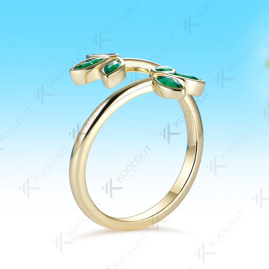Kuololit Lab Grown Emerald Leaf Custom Ring for Women Solid 14K 10K 585 Yellow Gold Engagement Ring for Christmas Gift Party