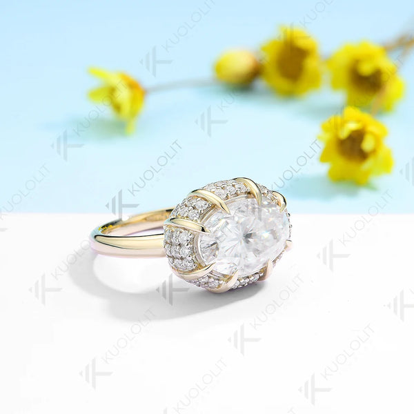 Kuololit 4.5CT Moissanite Ring for Women Solid 18K 14K 10K 585 Yellow Gold Oval Engagement Ring for Christmas Anniversary Gift