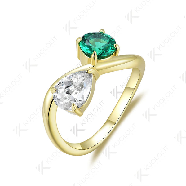 Kuololit 2CTW Lab Grown Emerald Moissanite Ring for Men Women Pure 18K 14K 10K Gold Pear Round Ring for Anniversary Engagement