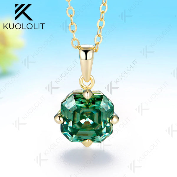Kuololit 3.5CT Asscher Cut Cyan Moissanite Custom Necklace for Women Solid 585 14K 10K Yellow Gold Necklace for Christmas Gifts