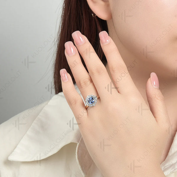 Kuololit 1CT Cushion Lab Blue Sapphire Ring for Women Solid 18K 14K 10K 585 Yellow Gold Moissanite Engagement Ring for Christmas