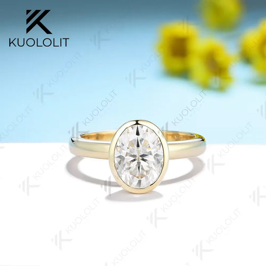 Kuololit 2CT Oval Moissanite Rings for Women Solid 14K 10K 585 White Gold 925 Silver Bezel Set for Engagement Wedding Christmas