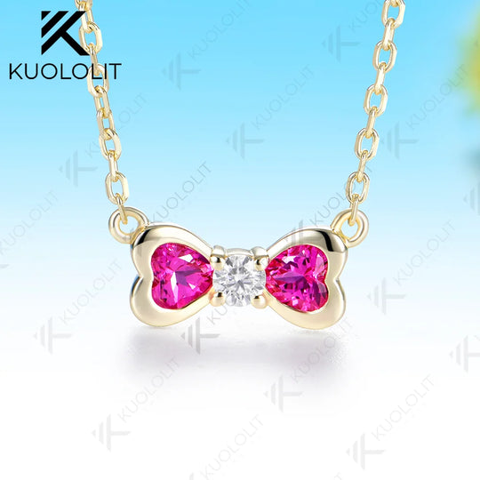 Kuololit 0.7CTW Lab Pink Sapphire Diamonds Heart Custom Necklace for Women Solid 585 14K 10K Yellow Gold Necklace for Christmas