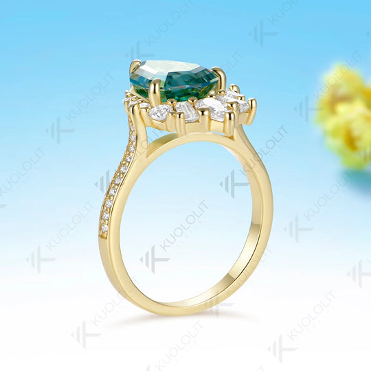 Kuololit 4CT Octagonal Pear Cyan Moissanite Ring for Women Solid 14K 10K Yellow Gold Engagement for Christmas Gift Party Wedding
