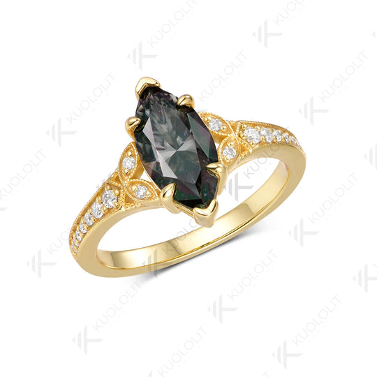 Kuololit 2CT Grey Moissanite Custom Ring for Women Solid 14K 10K 585 Yellow Gold Marquise Cut for Christmas Gifts Engagement