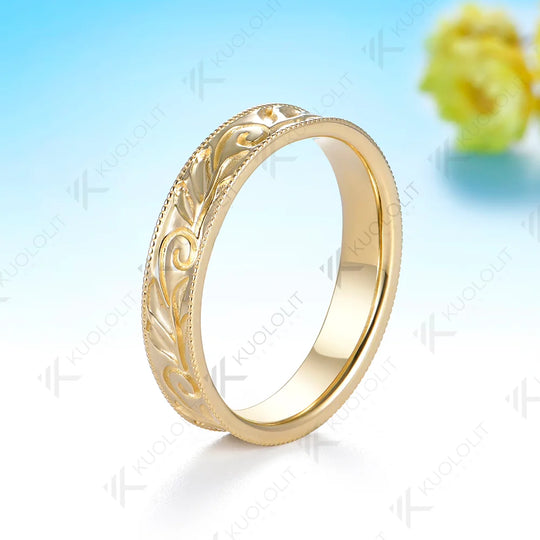 Kuololit Leaves 4MM Band Custom Ring for Women Solid 14K 10K Yellow Gold Wedding Band Ring for Christmas Gifts Party Anniversary