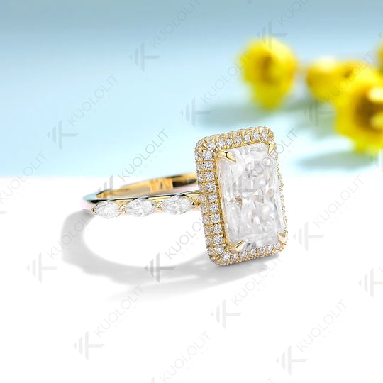 Kuololit 3.5CT Radiant Moissanite Engagement Ring for Women Solid 18K 14K 10K 585 Yellow Gold European Shank Band for Christmas