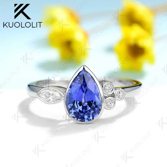 Kuololit 1.6CT Lab Grown Blue Sapphire with Moissanite Ring for Women Solid 18K 14K 10K 585 Yellow Gold Ring for Christmas Gifts
