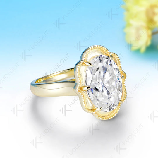 Kuololit 6CT Oval Cut Moissanite Custom Ring for Women Solid 14K 10K 585 Yellow Gold Engagement Ring for Christmas Gifts Party