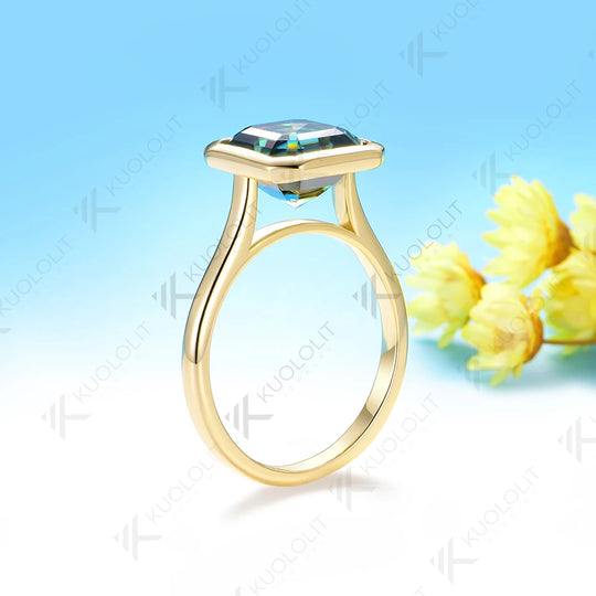 Kuololit 3.5CT Asscher Cut Cyan Moissanite for Women Solid 14K 10K 585 Yellow Gold for Engagement Wedding Christmas Gifts Party