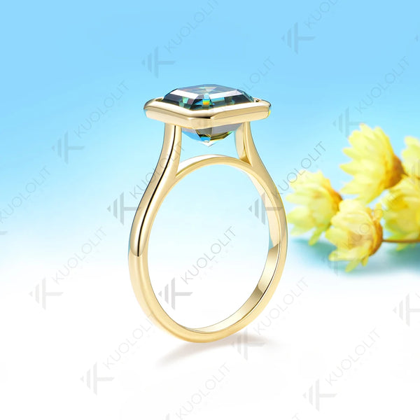 Kuololit 3.5CT Asscher Cut Cyan Moissanite for Women Solid 14K 10K 585 Yellow Gold for Engagement Wedding Christmas Gifts Party