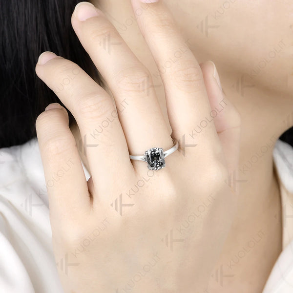Kuololit 3CT OMC Grey Moissanite Engagement Ring for Women Solid 14K 10K Yellow Gold Cushion Ring for Anniversary Christmas Gifts Party