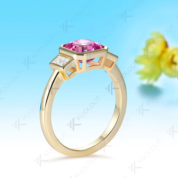 Kuololit 2CT Lab Grown Pink Sapphire Moissanite Rings for Women Solid 14K 10K 585 Yelllow Gold for Engagement Anniversary Gifts