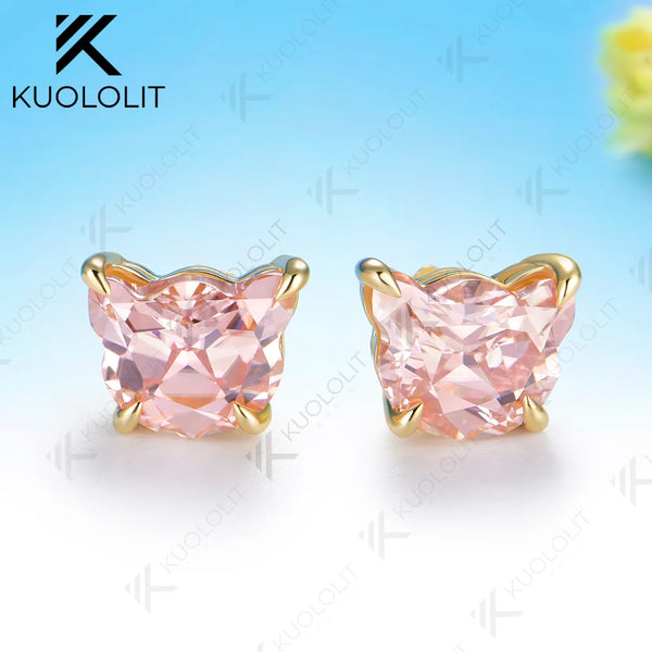 Kuololit 6.4CTW Pink Moissanite Custom Stud Earrings for Women Solid 14K 10K 585 Yellow Gold Cat Cut for Christmas Gifts Party