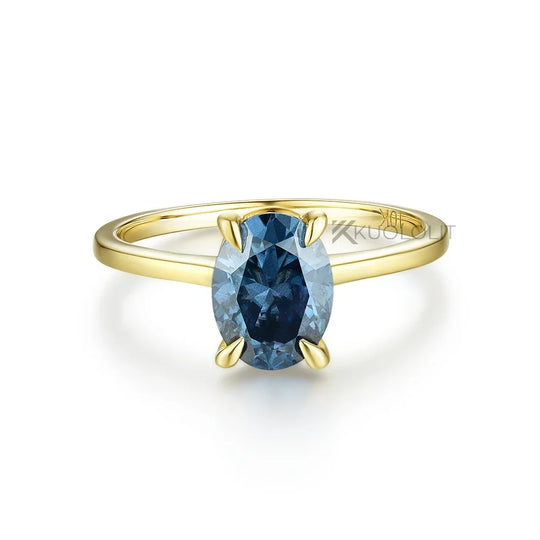 Kuololit 1.5CT Oval Dark Blue Moissanite Ring for Women Solid 14K 18K Yellow Gold