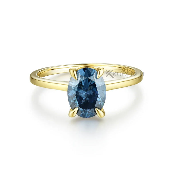 Kuololit 1.5CT Oval Dark Blue Moissanite Ring for Women Solid 14K 18K Yellow Gold