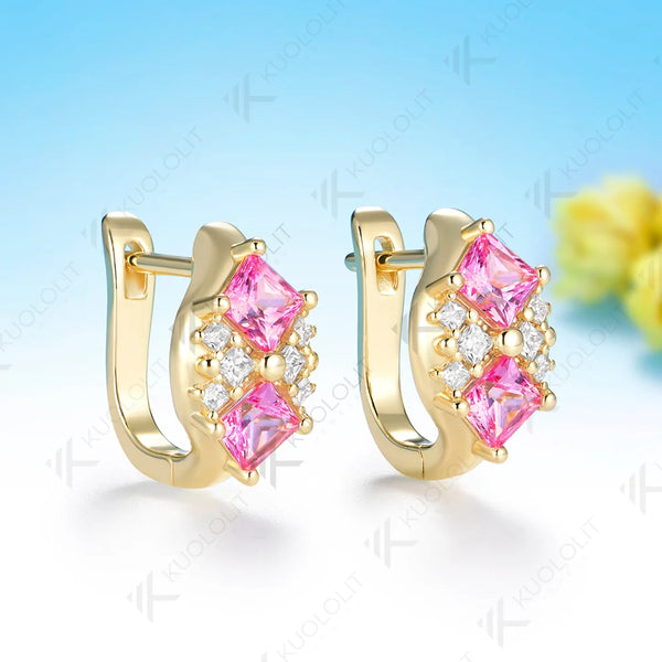 Kuololit 3.2CTW Lab Pink Sapphire Princess Cut Moissanite Custom Stud Earrings for Women Solid 14K 10K Yellow Gold for Christmas