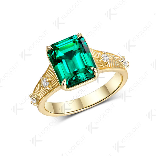 Kuololit Lab Grown Emerald Diamond Ring for Women Men Solid 14K 10K 585 Yellow Gold for Engagement Anniversary Christmas Gifts