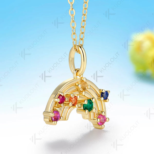Kuololit Lab Grown Coloful Rainbow Gemstones Necklace for Women Solid 585 14K 10K Yellow Gold Custom Necklace for Christmas Gift