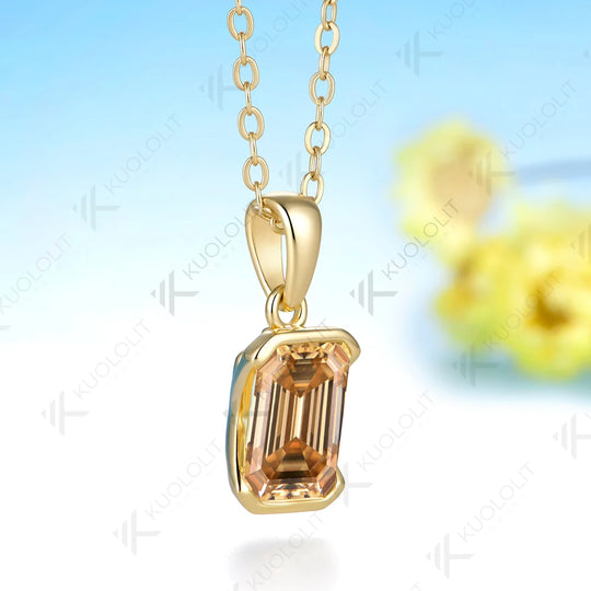 Kuololit 2.5CT Champagne Moissanite Necklace for Women Solid 14K 10K Yellow Gold Emerald Cut Necklace for Engagement Christmas