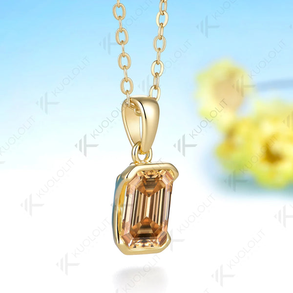 Kuololit 2.5CT Champagne Moissanite Necklace for Women Solid 14K 10K Yellow Gold Emerald Cut Necklace for Engagement Christmas