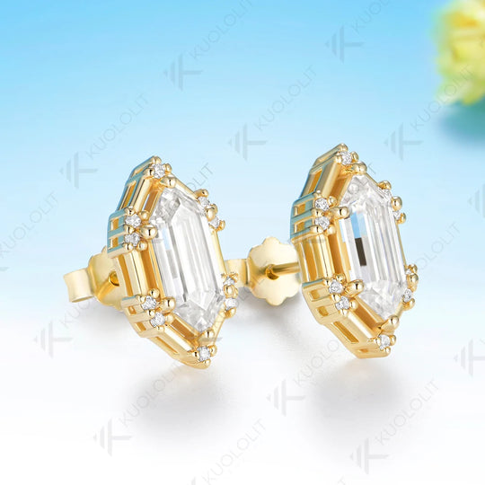 Kuololit 3CT Elongate Hexagon White Champagne Moissanite Custom Stud Earrings for Women Solid 14K 10K 585 Yellow Gold for Christmas Gifts Party