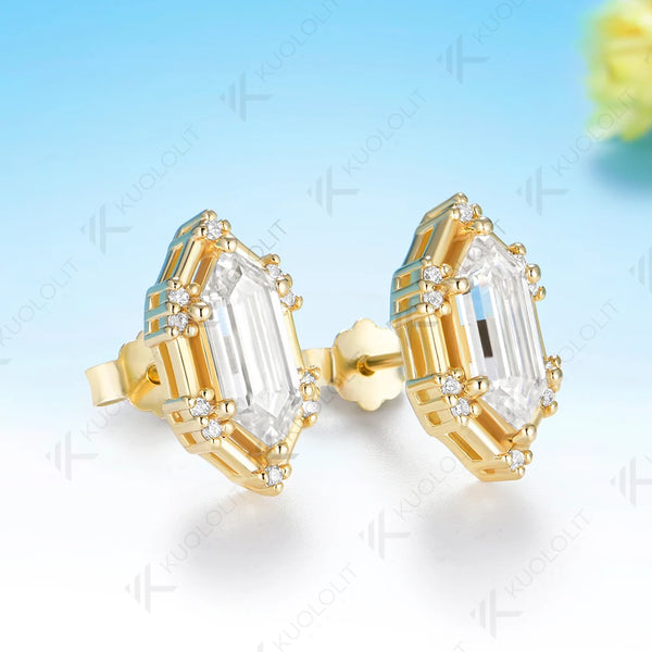 Kuololit 3CT Elongate Hexagon White Champagne Moissanite Custom Stud Earrings for Women Solid 14K 10K 585 Yellow Gold for Christmas Gifts Party