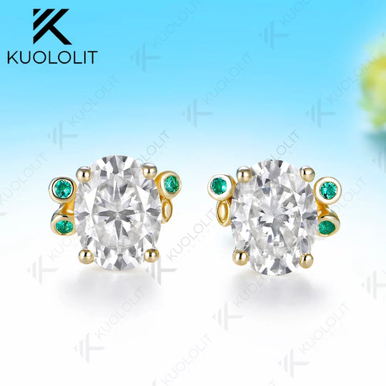 Kuololit 3CTW Oval Moissanite Lab Emerald Custom Stud Earrings for Women Solid 14K 10K 585 Yellow Gold for Christmas Gift Party