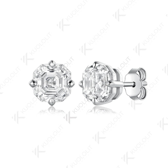 Kuololit 4CTW Asscher Cut Cyan Moissanite Stud Earrings for Women Solid 14K 10K 585 Gold Earrings for Engagement Wedding Christmas