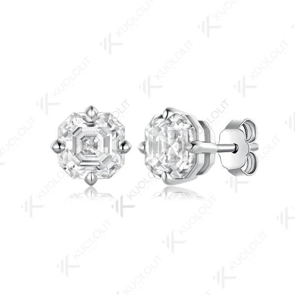 Kuololit 4CTW Asscher Cut Cyan Moissanite Stud Earrings for Women Solid 14K 10K 585 Gold Earrings for Engagement Wedding Christmas