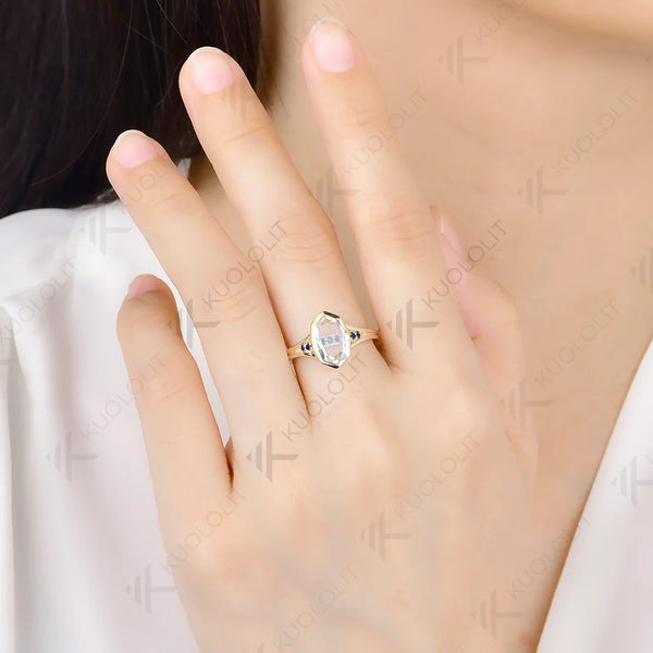 Kuololit 2CT Unique Portrait Cut Rhombus Moissanite Sapphire Custom Ring for Women Solid 14K 10K Yellow Gold for Christmas Gifts