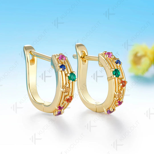 Kuololit Lab Grown Coloful Rainbow Gemstones Custom Earrings for Women Solid 14K 10K 585 Yellow Gold for Christmas Gifts Party