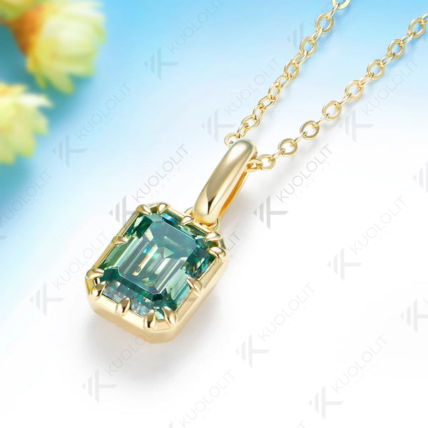 Kuololit 3CT Emerald Cut Cyan Moissanite Necklace for Women Solid 585 14K 10K Yellow Gold  Necklace for Christmas Gifts Party