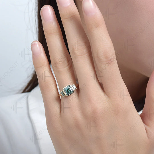 Kuololit 2CT Cyan Moissanite Rings for Women Solid 14K 10K 585 Yelllow Gold Asscher Ring for Engagement Anniversary Engagement