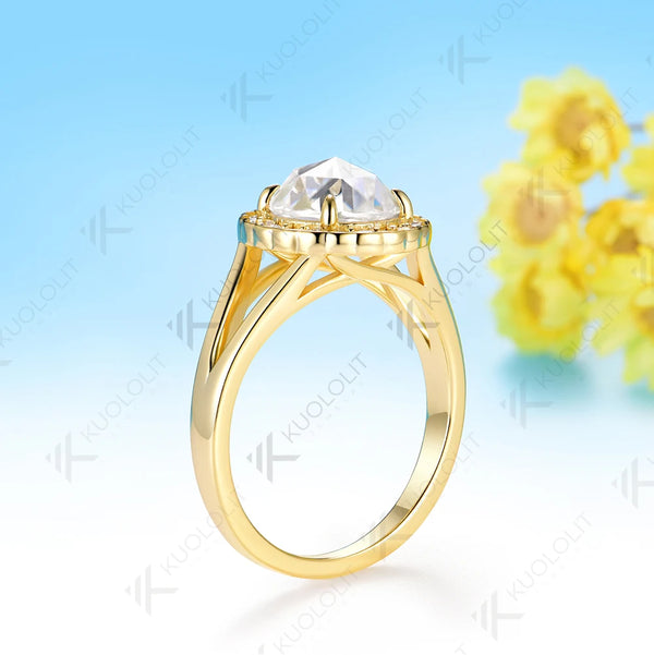 Kuololit 2CT Rose Cut Round Moissanite Ring for Women Solid 14K 10K 585 Yellow Gold Engagement Ring for Anniversary Christmas