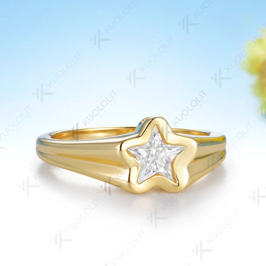 Kuololit 1CT Star Moissanite Ring for Women Solid 14K 10K 585 Yellow Gold Engagement 5 Star Ring for Christmas Gifts Party New