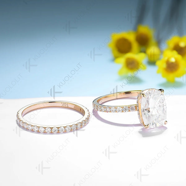 Kuololit 4CT Cushion Cut Moissanite Set Ring for Women Solid 18K 14K 10K 585 Yellow Gold Band for Engagement Wedding Christmas