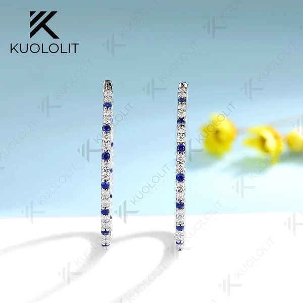 Kuololit 2.58CTW Lab Diamond Blue Sapphire Hoop Earrings for Women Solid 14K 10K 585Gold Alternate Diamond Earring for Christmas