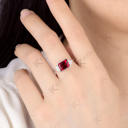Kuololit 3CT Lab Grown Ruby Emerald Cut Moissanite for Women Solid 10K 585 White Gold Asscher Ring for Engagement Christmas Gift