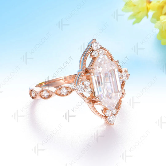 Kuololit 2.5ct Enlonged Hexagon Cut Moissanite Ring for Women Solid 14K 10K Rose Gold  for Anniversary Engagement Gift Christmas