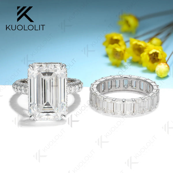 Kuololit 16CTWMoissanite Rings for Women Men PT950 Solid 14K 10K White Gold Emerald Cut  for Wedding Luxury Engagement Christmas