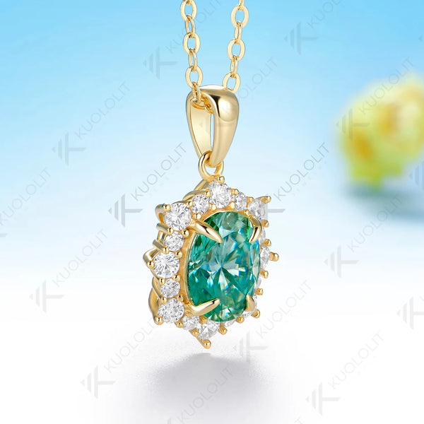 Kuololit 2CT Cyan moissanite Custom Necklace for Women Solid 585 14K 10K Yellow Gold Oval Necklace for Christmas Gifts Party