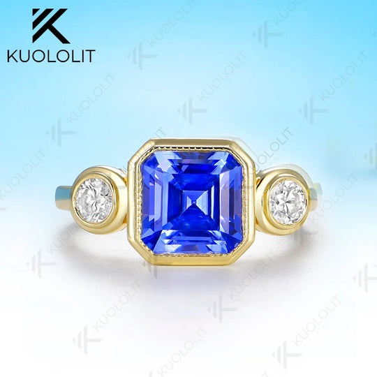 Kuololit 2.5CT Lab Grown Sapphire Diamond Ring for Women Solid 14K 10K 585 Yellow Gold for Christmas Gift Engagement Anniversary
