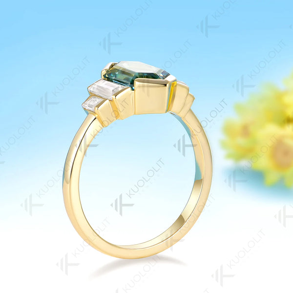 Kuololit 2.5CT Elongate Hexagon Cut Cyan Moissanite Ring for Women Solid 14K 10K 585 Yellow Gold  for Christmas Gifts Engagement