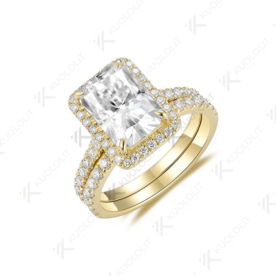 Kuololit 3.5CT Radiant Cut Moissanite Set Ring for Women Solid 18K 14K 10K 585 Yellow Gold Band for Engagement Wedding Christmas