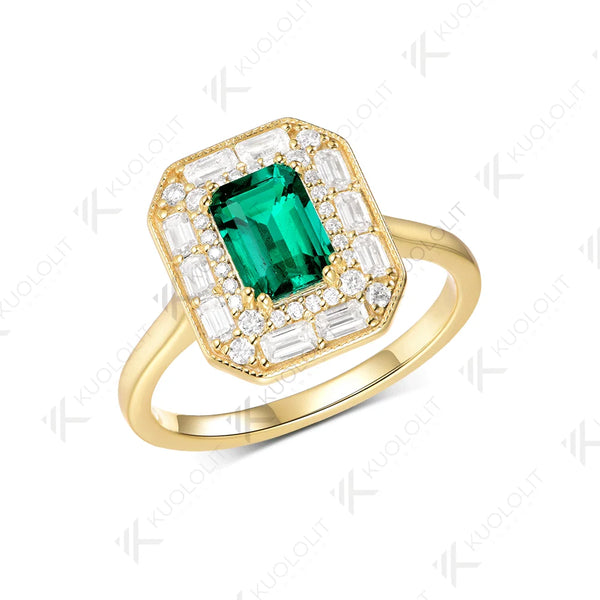 Kuololit 1ct Lab Grown Emerald Moissanite Ring for Women Solid 14K 10K 585  Yellow Gold Engagement Ring for Christmas Gift Party